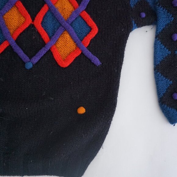 Vintage '80S Bay Club 30% Wool Black Knit w Multicolor Pom Pom Crew Sweater L - Picture 6 of 12